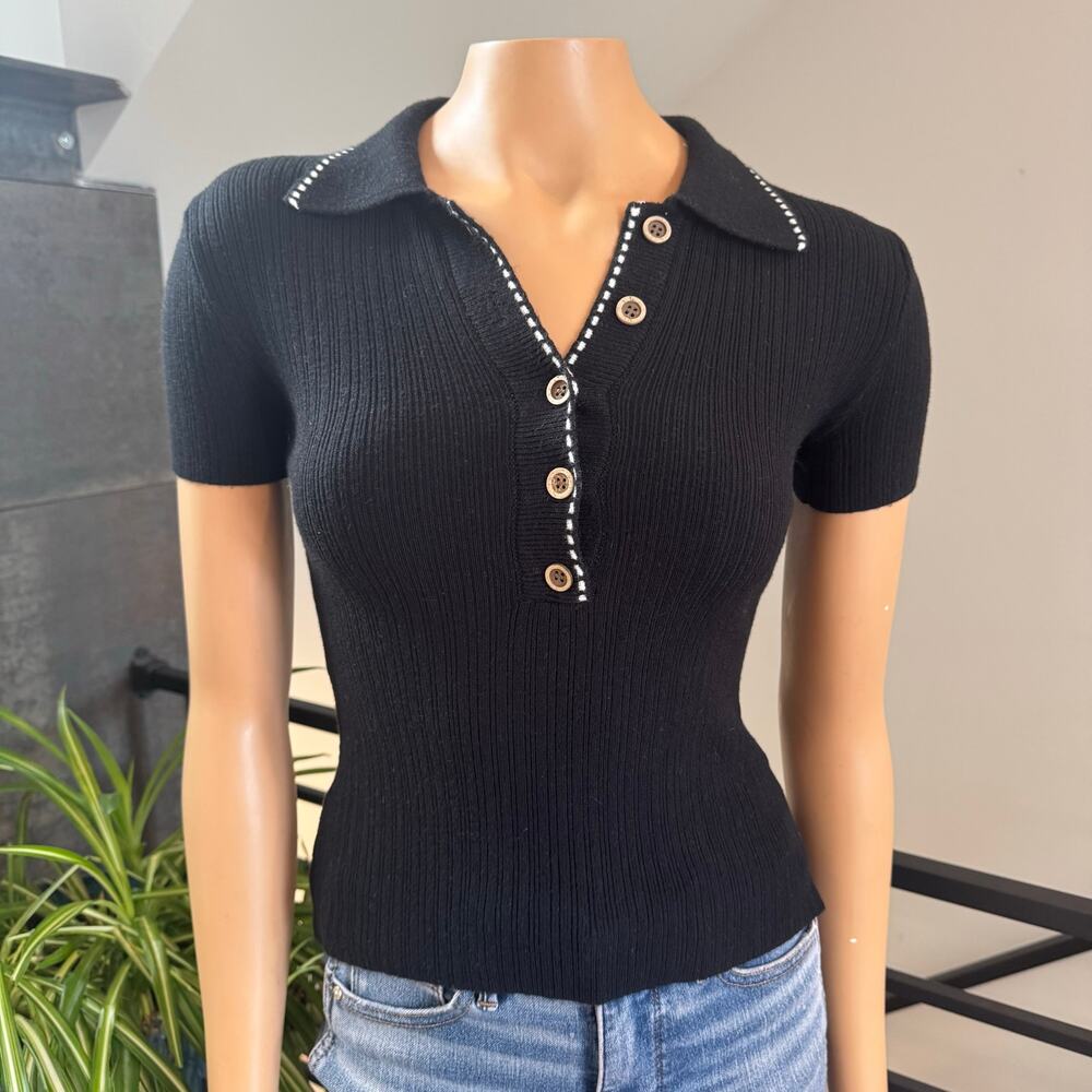 The Workshop Black Ribbed Knit Contrast Trim Button Polo Sweater Top S